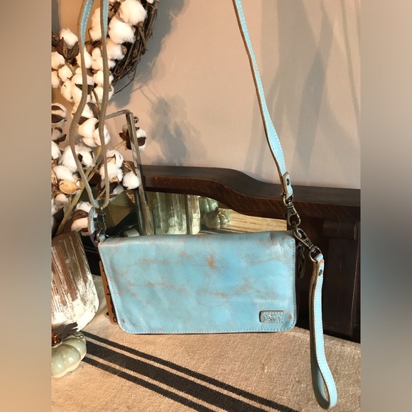 NWT Bed Stu TEMPLETON II Crossbody Wallet Wristlet Baby Blue Oats Rustic $185 - Picture 5 of 16